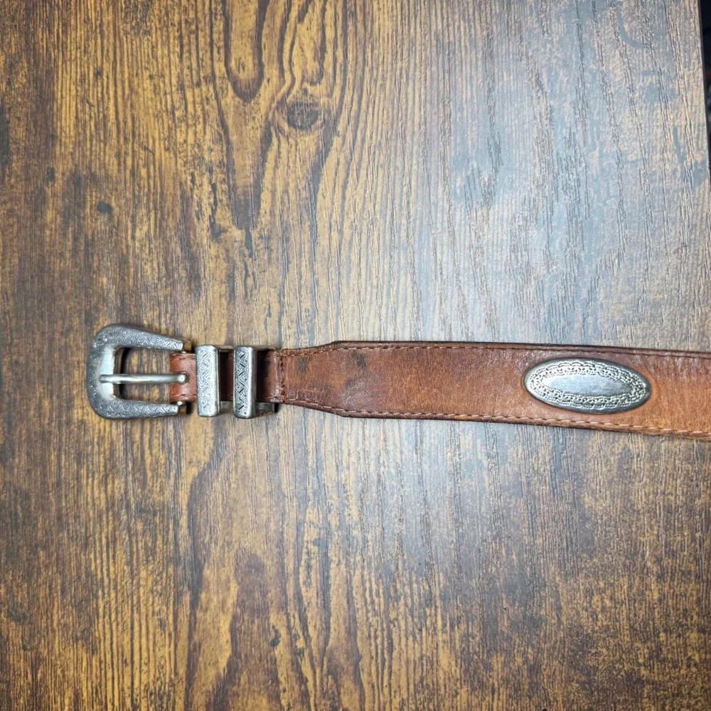 Vintage Western Leather Concho Belt Brown Silver Etched Buckle Boho Equestrian